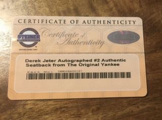 Derek Jeter Autographed signed Yankee Stadium Seat Back STEINER 5