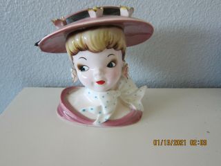 Vintage Lady Head Vase With Pink Hat And Flowers
