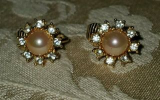 Vintage Signed Christian Dior Small Clip Earrings Rhinestones & Faux Pearl