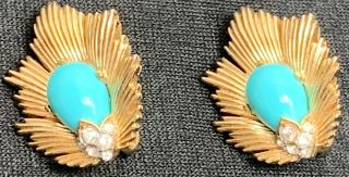 Vintage Trifari Classic Turquoise Blue Cabochon Gold Leaf Rhinestone Earrings