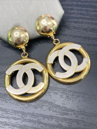 Vintage Silver Gold Tone Drop Circle Dangle Clip On Earring Set 2.  5” Tall
