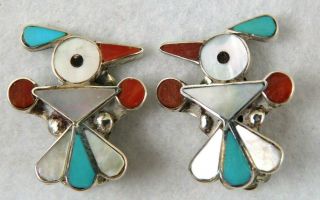 Vintage Native Am Zuni Thunderbird Sterling Silver Multi Stone Clip On Earrings