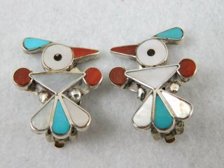 Vintage Native Am Zuni Thunderbird Sterling Silver Multi Stone Clip On Earrings 2