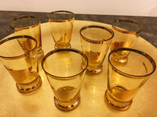 Vintage Amber Gold Rimmed Gold Leaf Shot Glasses,  Set Of 7