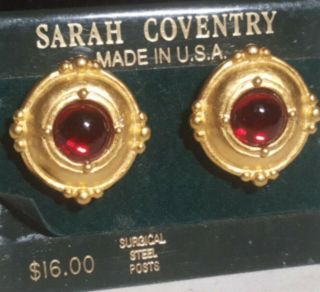 Vintage Sarah Coventry Gold Plate Red Glass Cabochon Pierced Earrings Nwt
