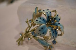 Vintage Silver Tone Silver Tone Blue Enamel Rhinestone Lily Flower Brooch Pin