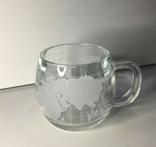 Nestle Vintage Clear World Map Globe Etched Glass Coffee Cup Mug 1970`s