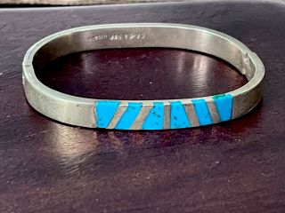 Vintage Taxco 925 Sterling Silver Turquoise Inlay Hinged Bangle Bracelet 35.  7g