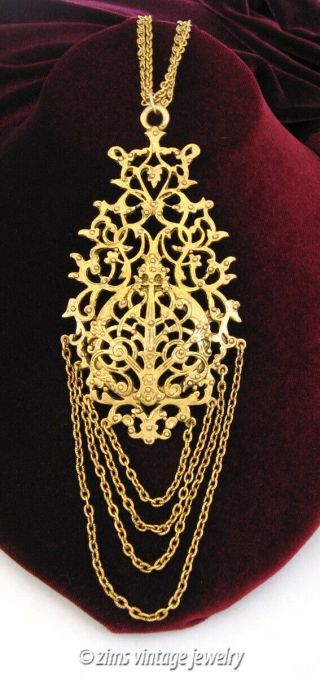 Vintage 1970’s Large Baroque Style Gold Floral Filigree Chain Pendant Necklace