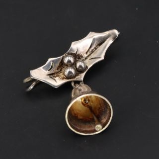 Vtg Sterling Silver - Holly Leaf Berries Christmas Bell Solid Brooch Pin - 5g