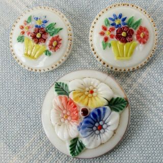 3 Vintage Molded White Glass Buttons W Painted Flower Images In Relief
