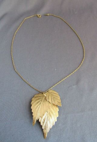 Vintage Crown Trifari Gold Tone Textured Layered Leaf Sliding Pendant Necklace