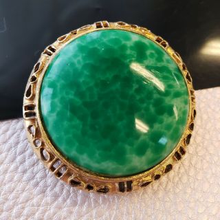 Vintage Gold Tone Green Peking Glass Pin Brooch 1.  75 " D