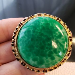 Vintage Gold Tone Green Peking Glass Pin Brooch 1.  75 