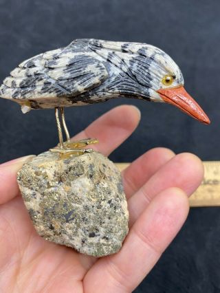 Broken Carved Unknown Stone Bird On Mineral - 147.  6 Grams - Vintage Estate Find