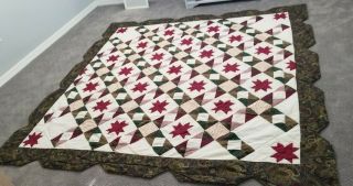 Vintage Hand Sewn Deep Red Star Pattern Quilt Paisley Scalloped Edges 85 " X 83 "