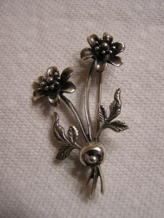 Vintage Sterling Silver Flower Brooch 2 1/8 Inches Long