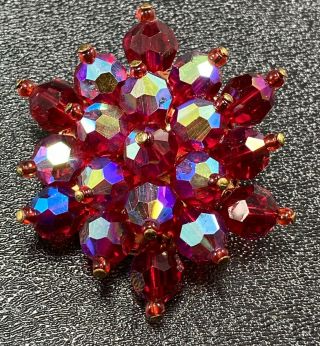 Vintage Brooch Pin 1.  5” Flower Ab Red Crystal Rhinestones Gold Tone Lot2