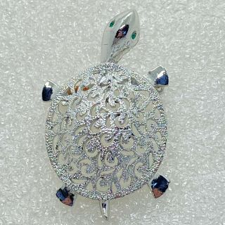 Signed Jj Vintage Turtle Brooch Pin Green Rhinestone Eyes Silver Tone Jewelry