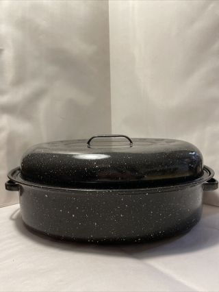 Vintage Black White Speckled Enamel 13” X 9” X 3” Oval Roasting Pan With Lid