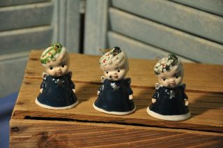 Set Of 3 Vintage Collectible Ceramic Angel Bell Ornaments Japan Painted