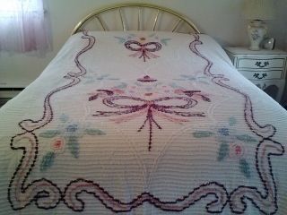 Vintage Needle Tufted Flowers White Cotton Chenille Bedspread - 74x106 - Pretty