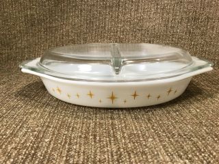 Vintage Pyrex Constellation Atomic Star Divided Casserole Oval Dish 1 - 1/2 Qt