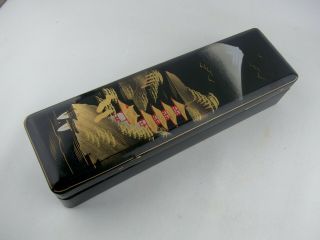 Vintage Japanese Black And Gold Lacquer Lacquerware Trinket Box,  11in Long Japan
