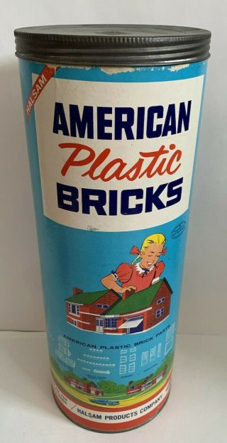 Vintage American Plastic Bricks Building Set By Halsam No.  725 W/ Orig Canister