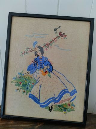 Vintage 1920s Crinoline Lady Framed Hand Embroidered Picture Panel