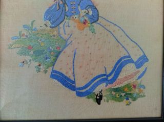 Vintage 1920s Crinoline Lady Framed Hand Embroidered Picture Panel 3