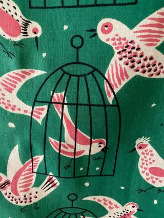 Vintage Nos Linen Tea Towel - Signed Tammis Keefe Pink & Green Birds