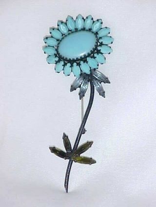 Vintage Weiss Flower Brooch / Pin With Faux Turquoise & Clear & Green Marquise