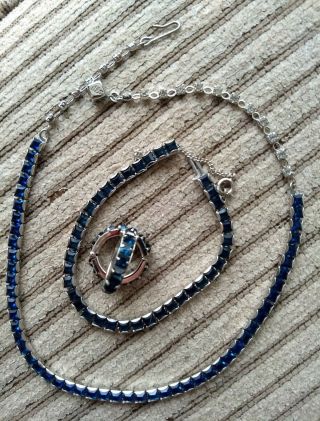 Vintage Weiss Sapphire Blue Rhinestone Necklace Bracelet Earrings