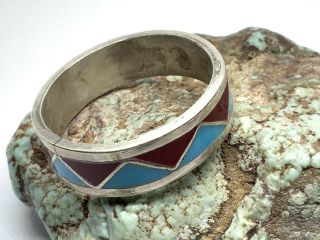 Vintage Native American Sterling Silver Turquoise Coral Inlay Band Ring - Sz 9.  75