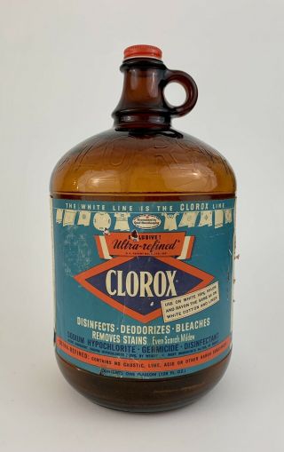 Vtg Brown/amber Glass Clorox Gallon Bottle/jug Paper Advertisement Label Cap/lid