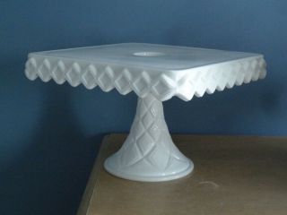 Vtg Indiana White Milk Glass Square Pedestal Wedding Cake Stand Plate Rum Well