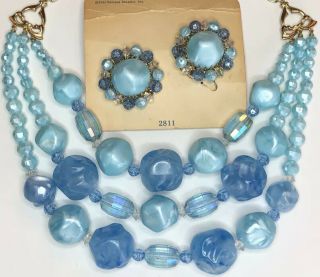 Emmons 50’s Vintage Blue Chunky Molded Triple Strand Necklace Clip Earrings Set