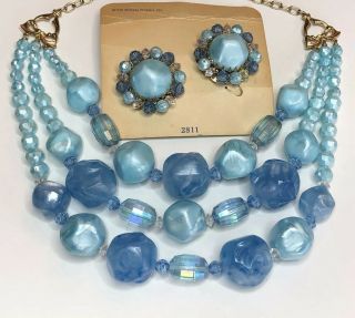 EMMONS 50’s Vintage Blue Chunky Molded Triple Strand Necklace Clip Earrings Set 2