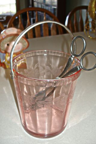 Vintage Pink Depression Glass Ice Bucket Metal Handle Etched Flower 7 " Tall