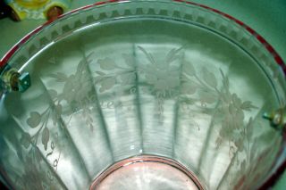 Vintage Pink Depression Glass Ice Bucket Metal Handle Etched Flower 7 