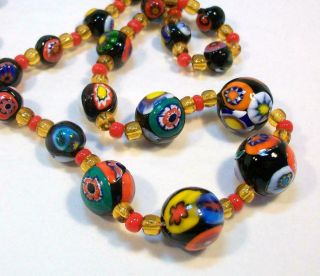 Vintage Murano Millefiori Art Glass Floral Flower Bead Italy Strung Necklace