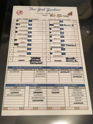 2017 Alds Game Lineup Card York Yankees Cleveland Indians Trevor Bauer