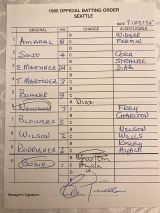 7/29/1995 Seattle Mariners Game - Lineup Card Alex Rodriguez Rookie