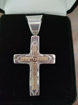 Vintage Sterling Silver And 14 K Gold Cross Pendant,  3 ",  Stamped Rt 14k Sterling