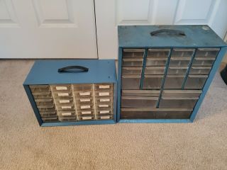 2 Vintage Akro Mils Metal Stacking Organizer Cabinets Blue 21 & 24 Drawer Deep