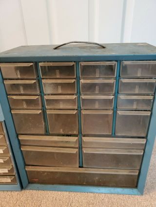 2 Vintage AKRO MILS METAL STACKING ORGANIZER cabinets blue 21 & 24 drawer deep 2