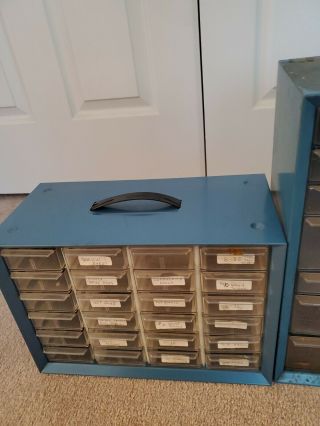 2 Vintage AKRO MILS METAL STACKING ORGANIZER cabinets blue 21 & 24 drawer deep 3