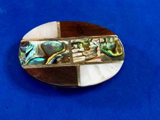 Vintage Mother Of Pearl Wood Inlay Belt Buckle Stamped Mexico