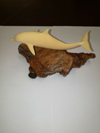 Vintage John Perry Off - White Dolphin Resin / Burl Wood Sculpture